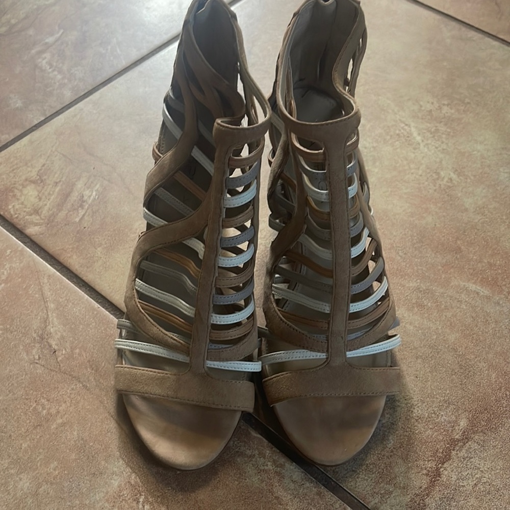 Tan and brown block heeled sandals